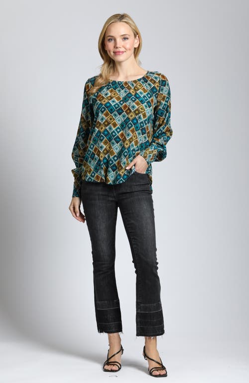 Apny Printed Smocked Cuff Top In Green Multi