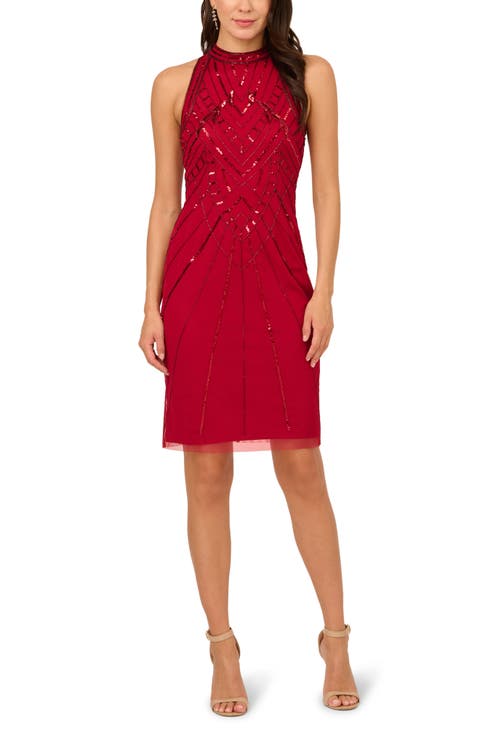 Beaded Mock Halter Sheath Dress
