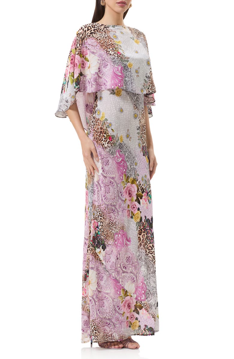 AFRM Izel Mix Print Maxi Slip Dress with Removable Cape, Alternate, color, Natural Patchwork