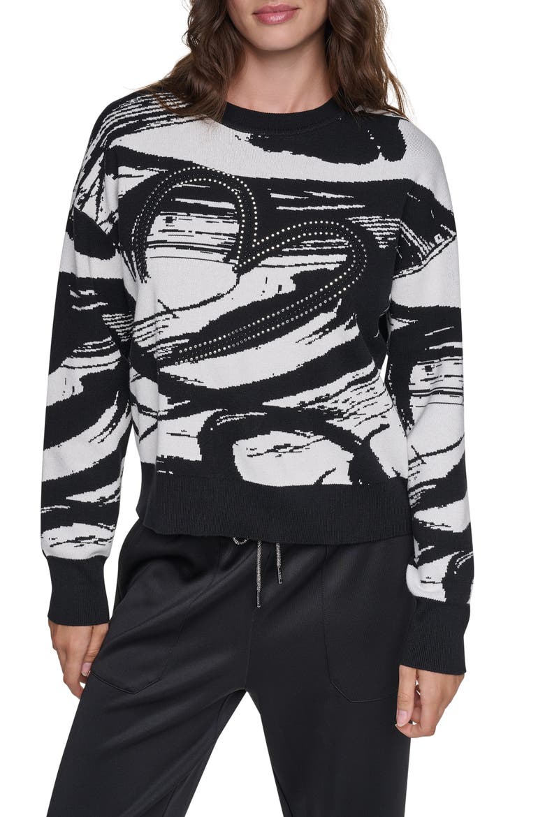 Studded Heart Brushstroke Crewneck Sweater, Main, color, IVORY/ BLAC