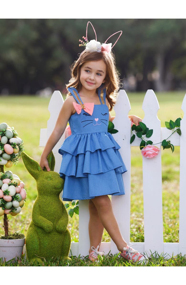 Mia Belle Girls Girls Bunny Dreams Ruffle Denim Easter Dress, Alternate, color, Blue