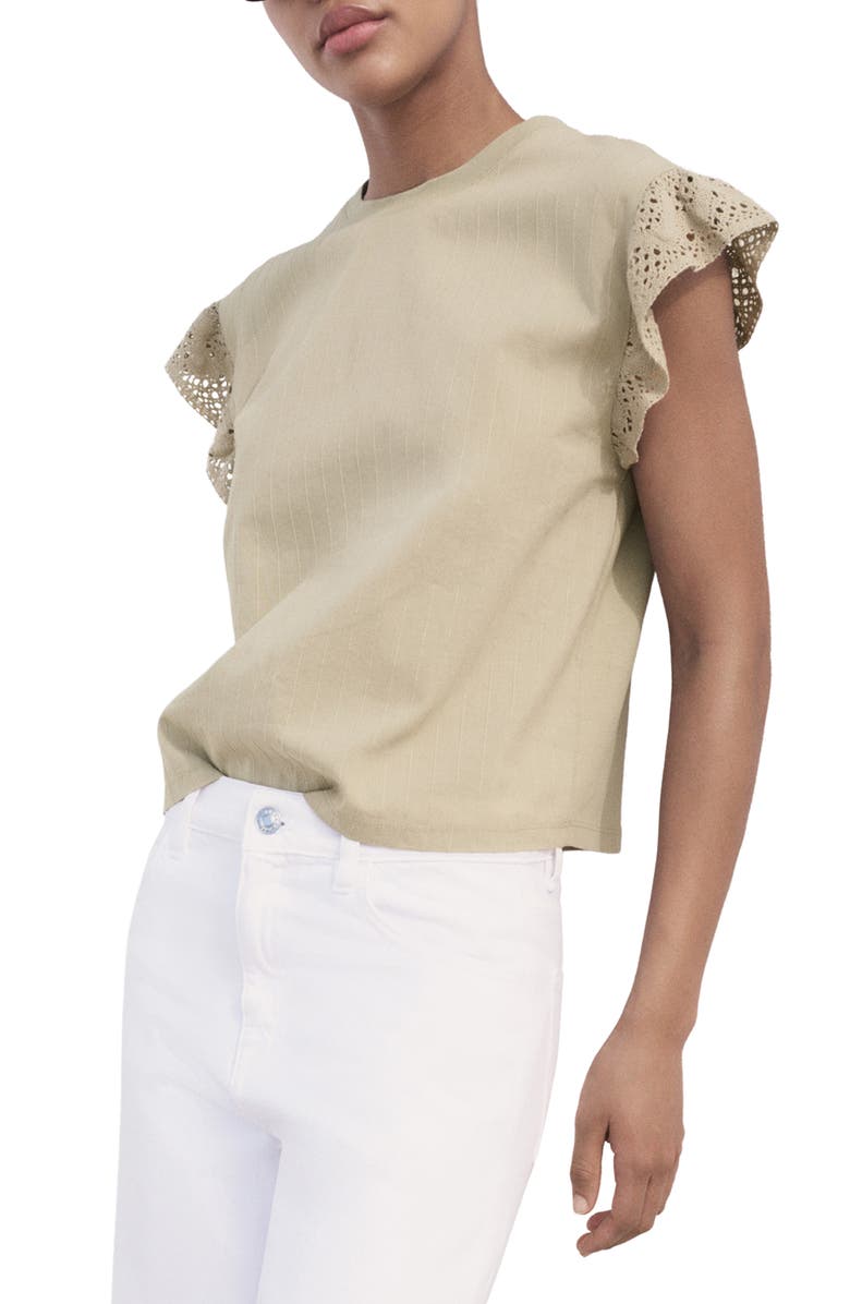 MANGO Ruffle Eyelet Sleeve Top, Main, color, Medium Brown
