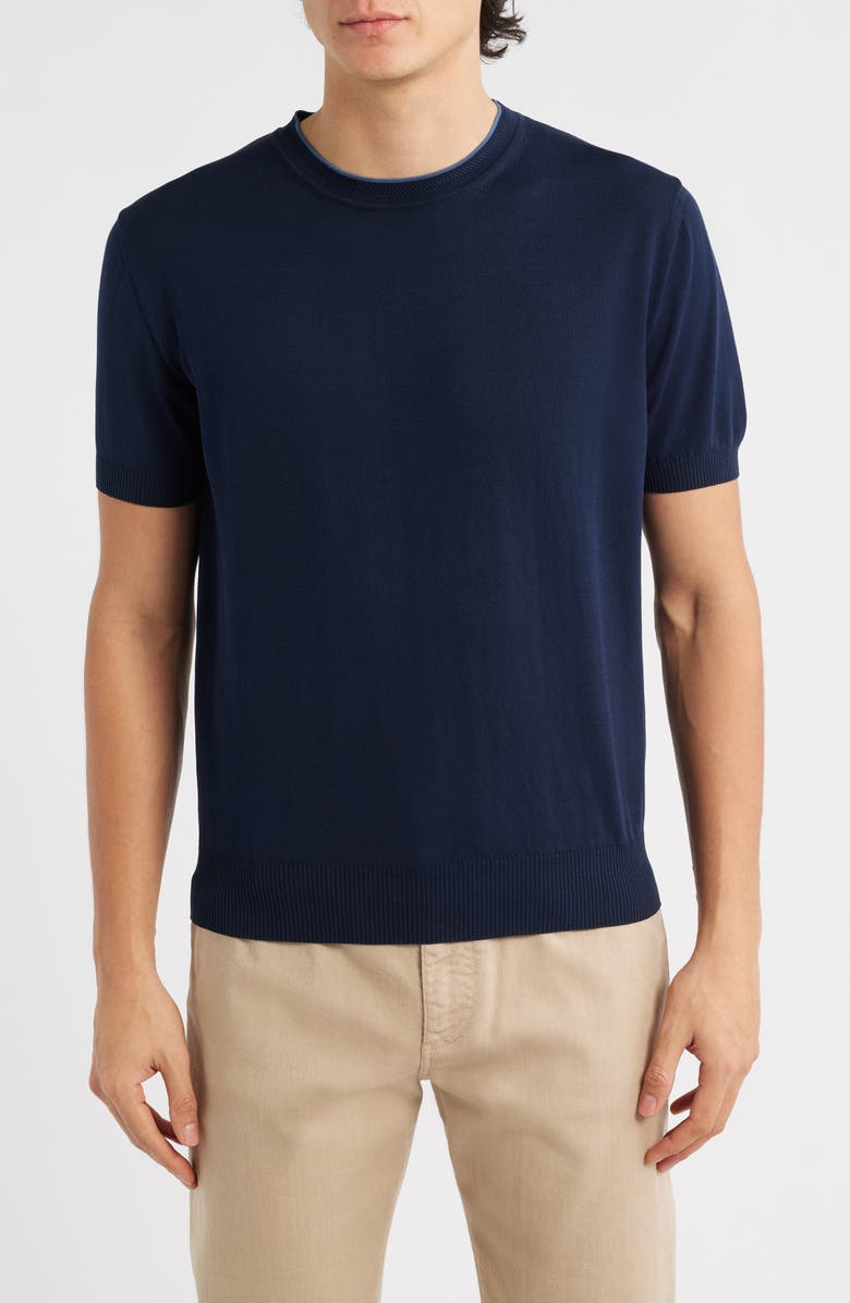 Canali Short Sleeve Cotton Crewneck Sweater, Main, color, Navy