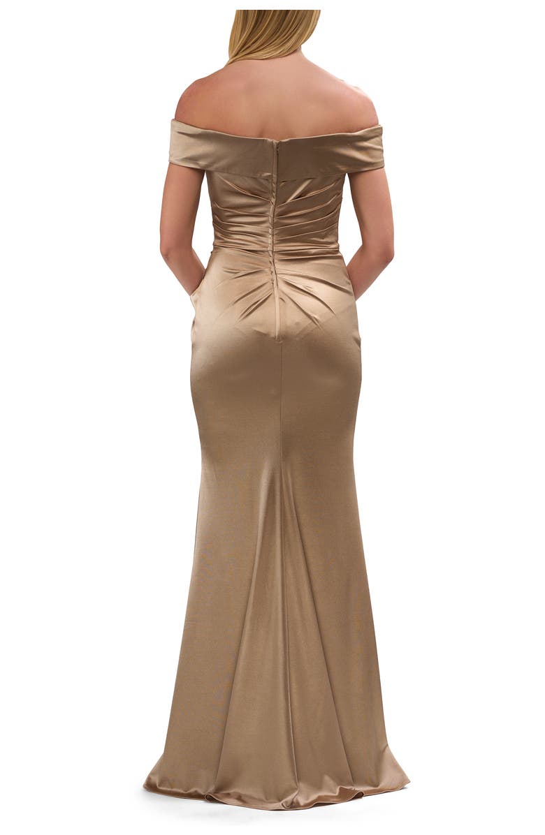 La Femme Off the Shoulder Stretch Satin Evening Dress, Alternate, color, Pewter