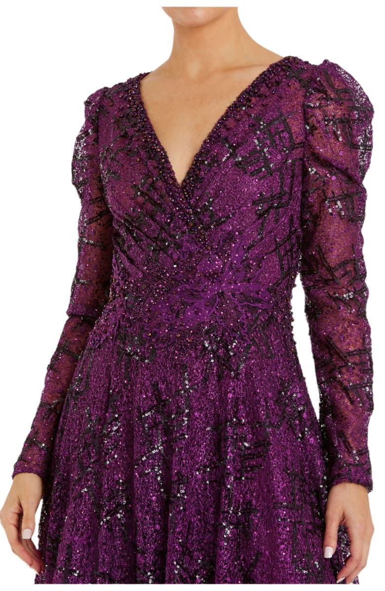 Mac Duggal Embellished V Neck Long Sleeve A Line Gown, Alternate, color, Plum