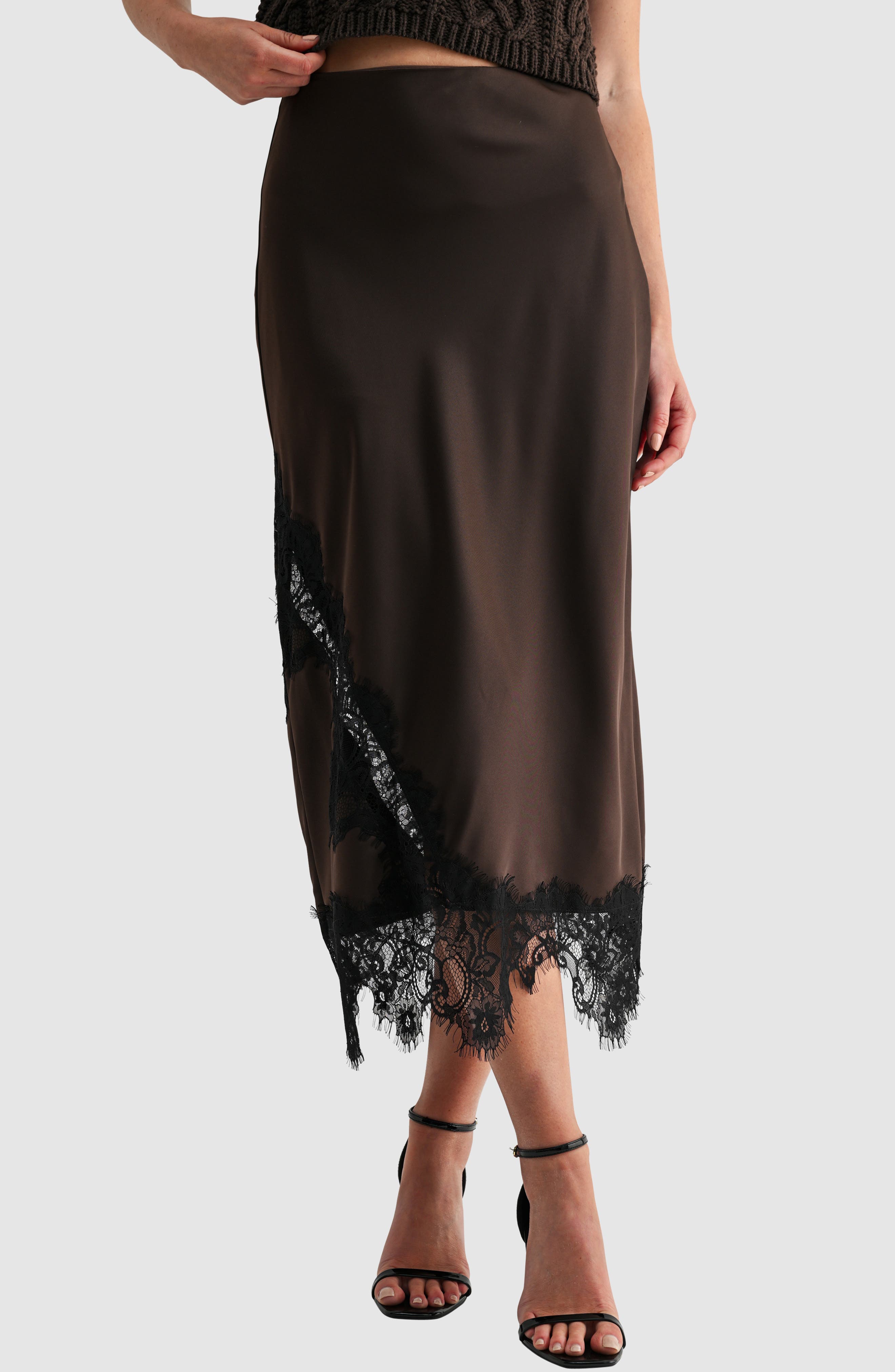 Lace Detailed Satin Midi Skirt
