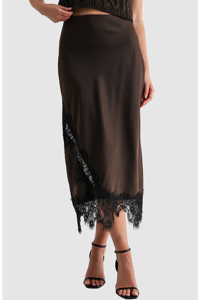 Lace Detailed Satin Midi Skirt, Main, color, DARK BROWN BLACK