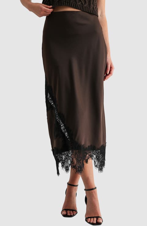 Lace Detailed Satin Midi Skirt