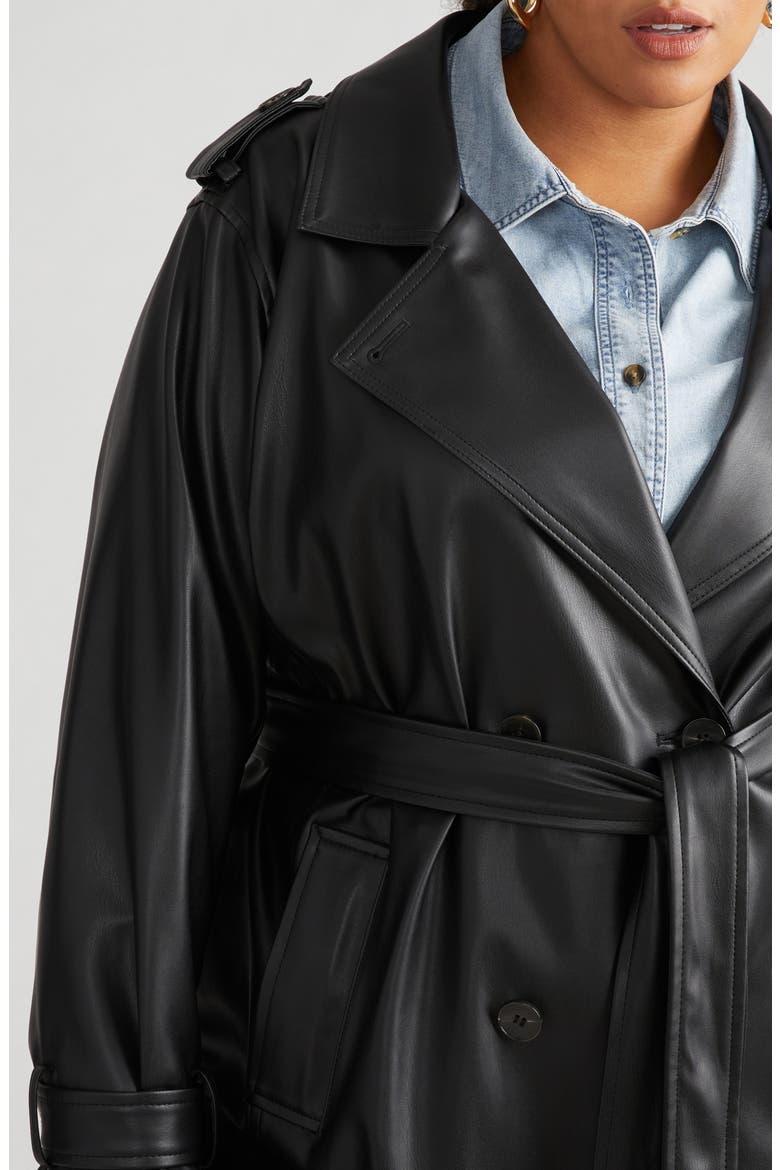 Water Resistant Faux Leather Trench Coat, Alternate, color, BLACK