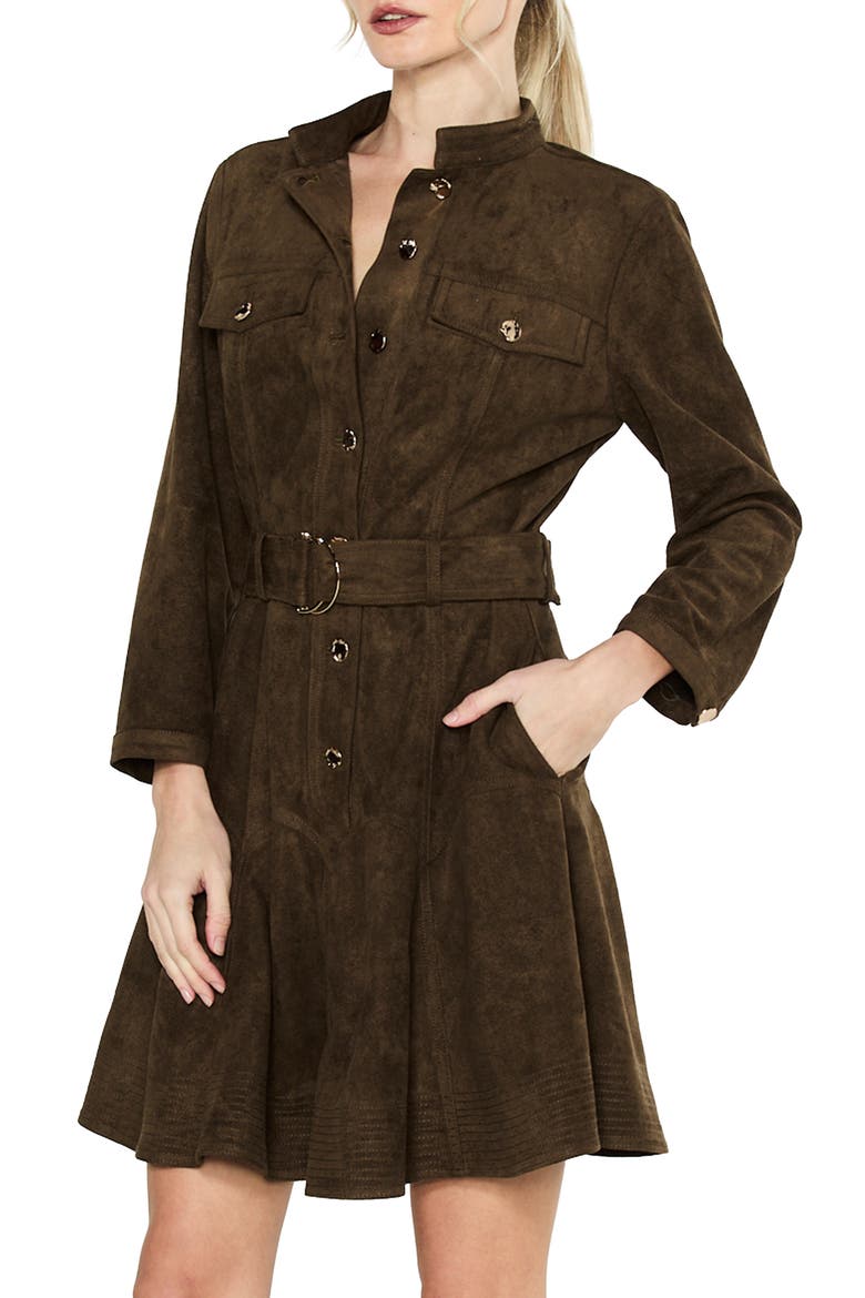 Karrie Belted Long Sleeve Faux Suede Shirtdress, Alternate, color, OLIVE