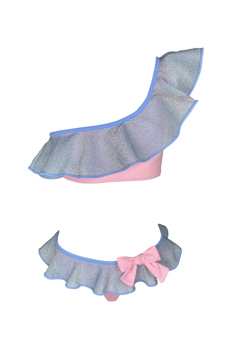 Kids' One Shoulder Glitter Ruffle Two-Piece Swimsuit, Main, color, Blue-Pink