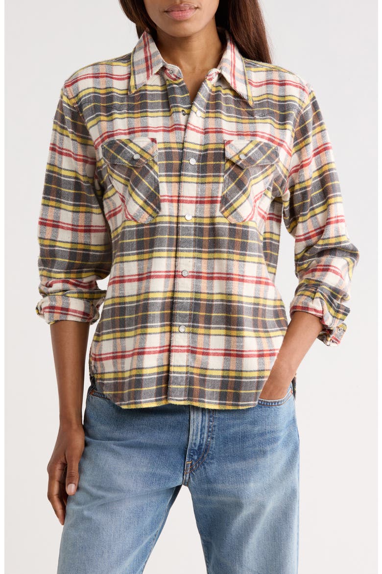 Slim Fit Plaid Flannel Western Shirt, Main, color, CREAM WHITE GREY ORANGE PLAID