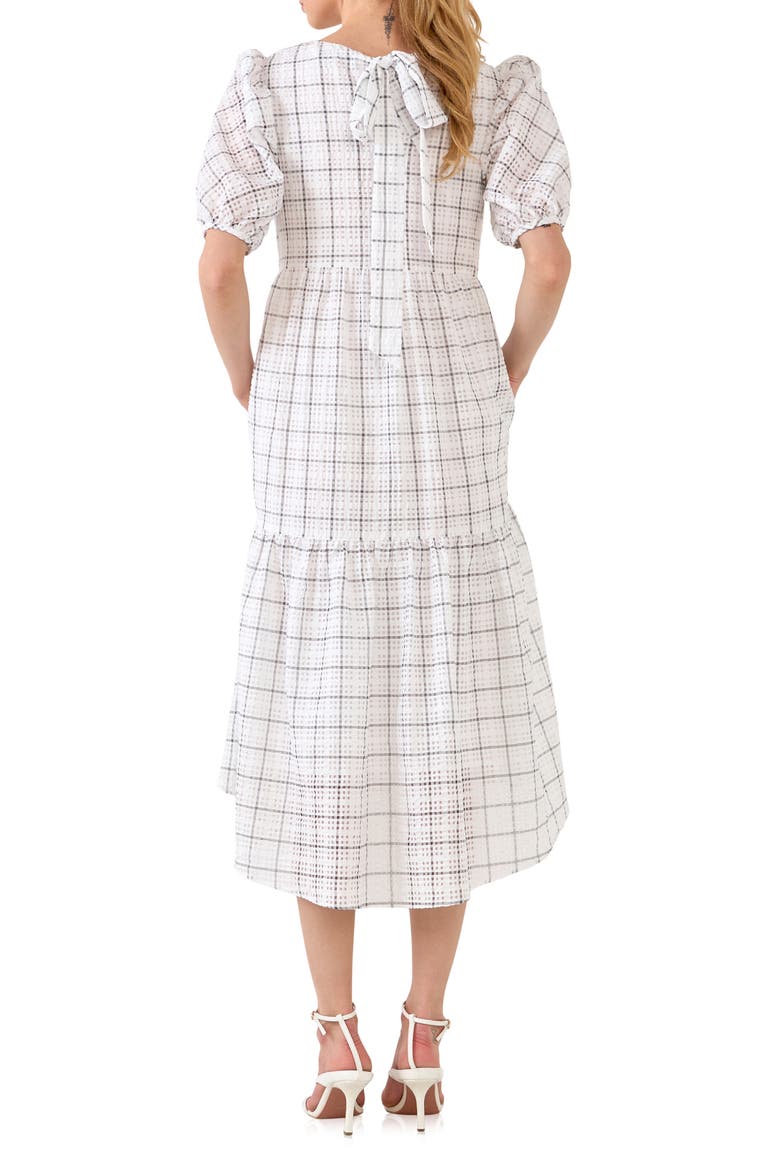 Plaid Tiered Ruffle Cotton Blend Dress, Alternate, color, WHITE