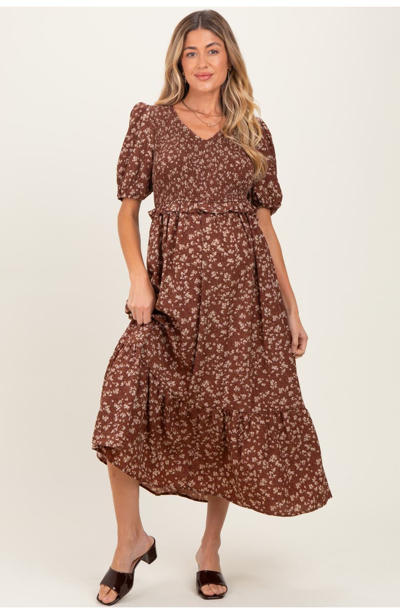 PinkBlush Floral Smocked Short Sleeve Midi Dress, Main, color, Brown