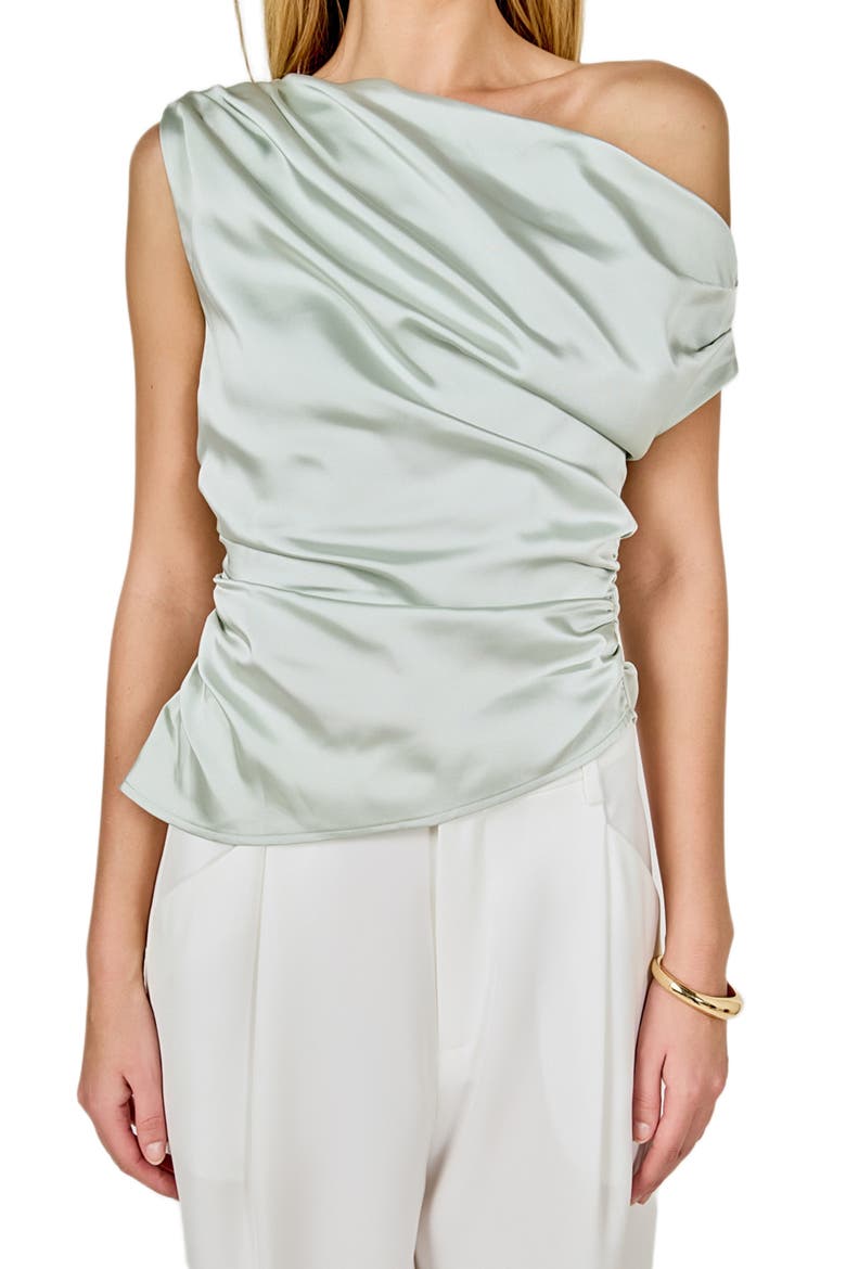 One-Shoulder Ruched Satin Top, Main, color, SAGE
