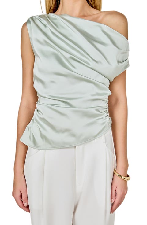 One-Shoulder Ruched Satin Top