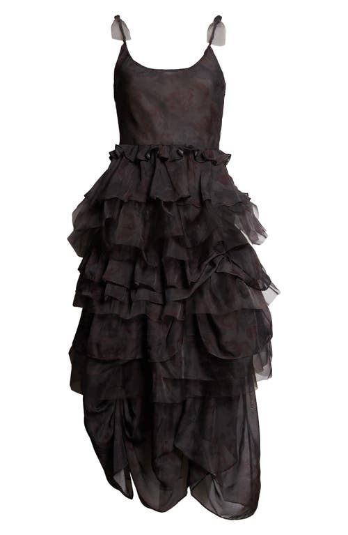 Collina Strada Geranium Watercolor Roses Ruffle Dress In Black