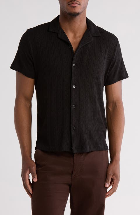 Solid Black Cable Knit Cotton Blend Camp Shirt