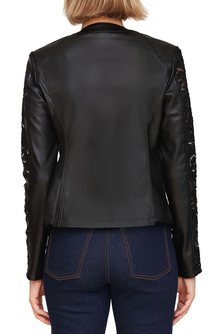 Floral Ladder Cutout Faux Leather Jacket, Alternate, color, BLACK