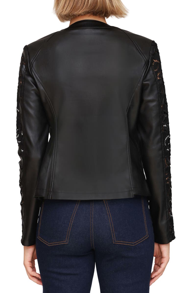 Bagatelle Floral Ladder Cutout Faux Leather Jacket, Alternate, color, Black
