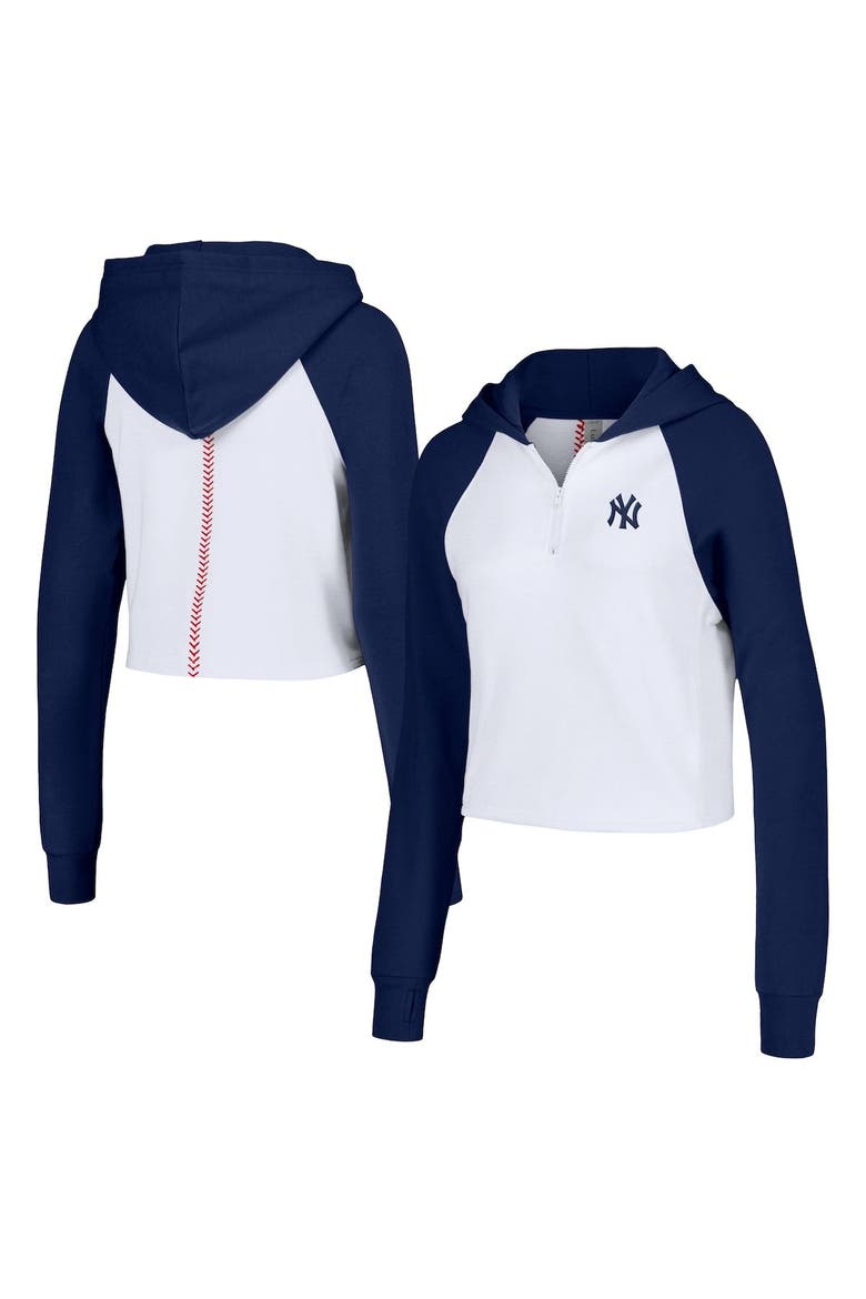 Women's Lusso White New York Yankees Jane Raglan Quarter-Zip Tri-Blend Cropped Pullover Hoodie, Main, color, White