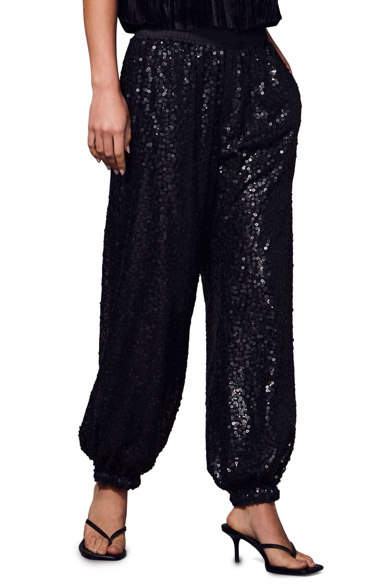 Float On Sequin Balloon Leg Pants, Alternate, color, BLACK