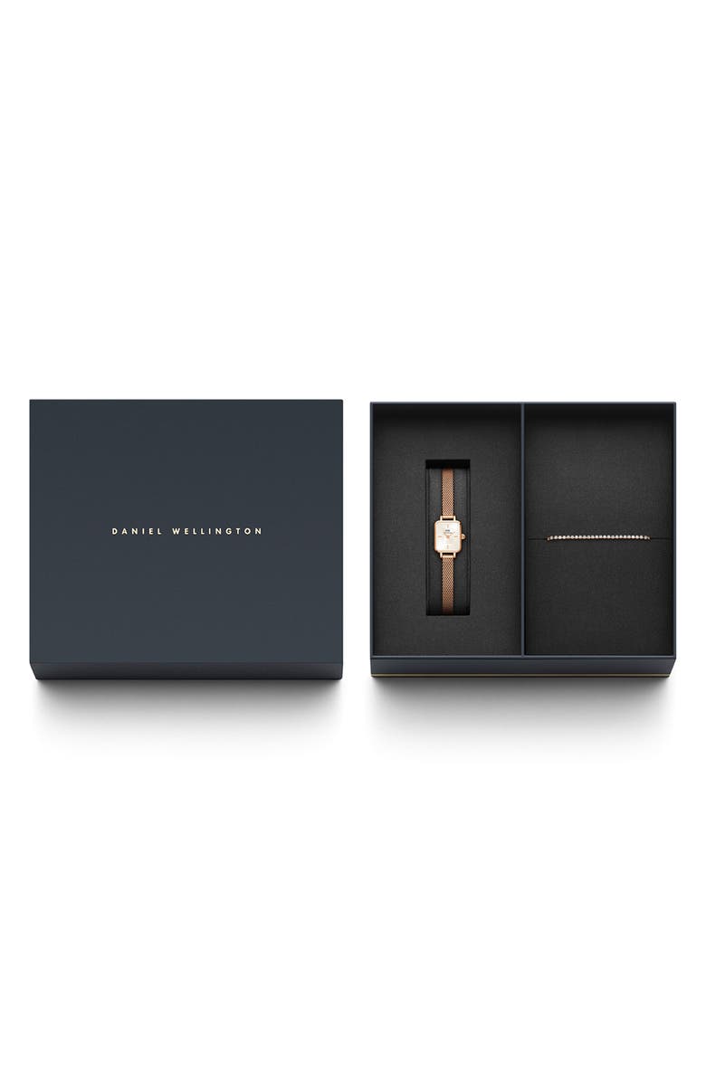 Daniel Wellington Mini Quadro Champagne Dial Bracelet Watch & Tennis Bracelet Set, 15.4mm, Main, color, Rose Gold