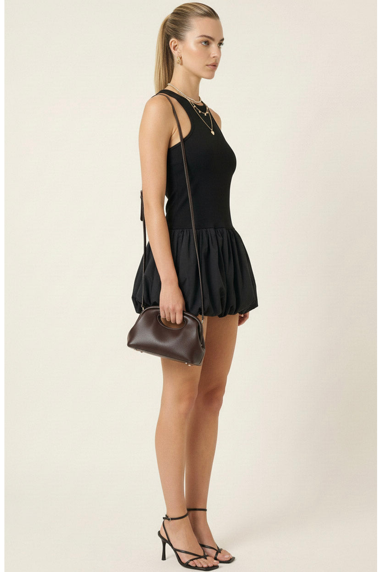 Mixed Media Racerback Mini Dress with Bubble Hem Skirt, Alternate, color, Black