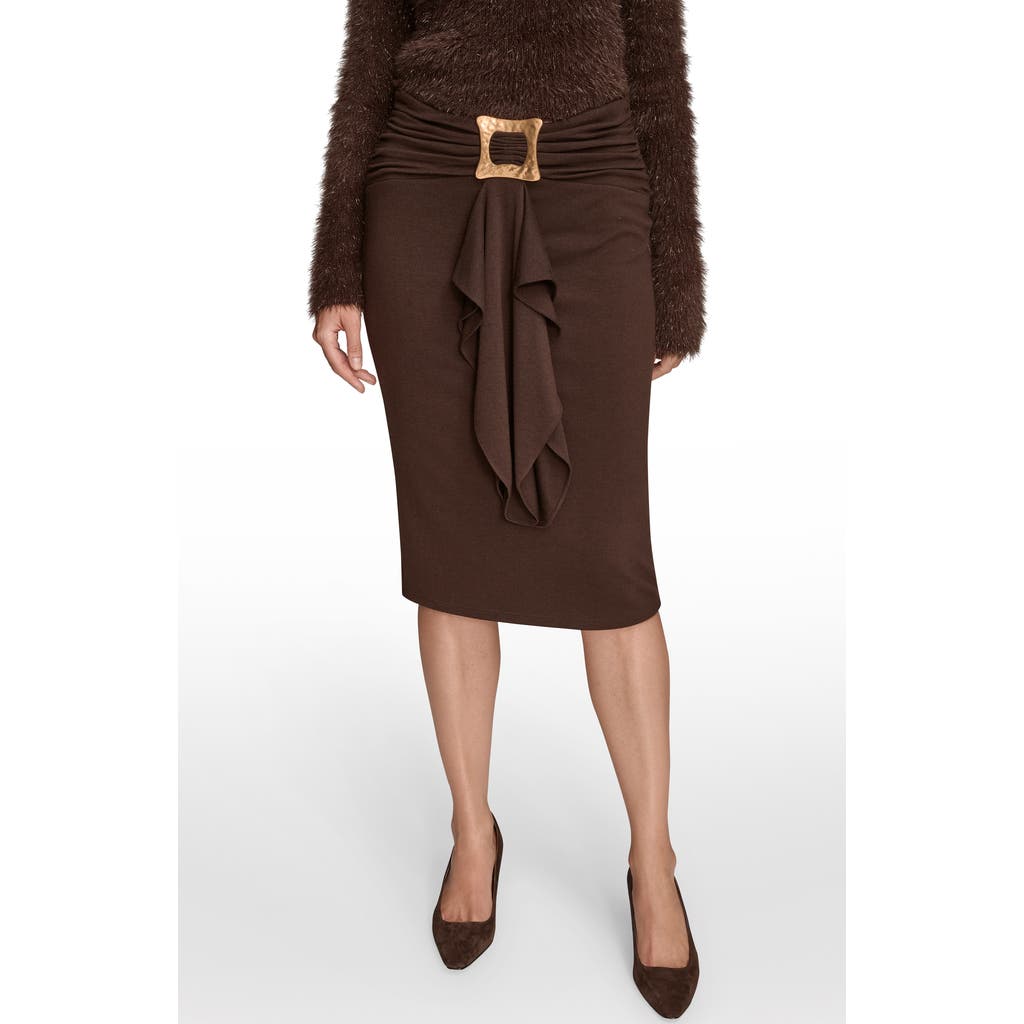 Donna Karan New York Square Buckle Ruffle Knit Skirt In Brown