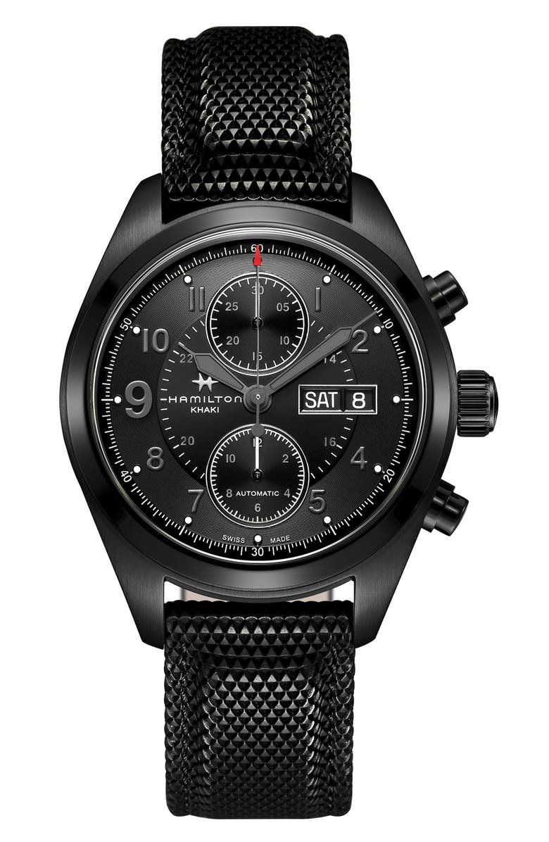 Hamilton Khaki Field Automatic Chronograph Silicone Strap Watch, 42mm, Main, color, Black