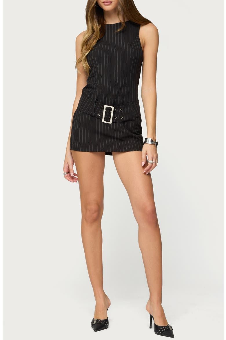 Sharone Belted Pinstripe Romper, Main, color, BLACK