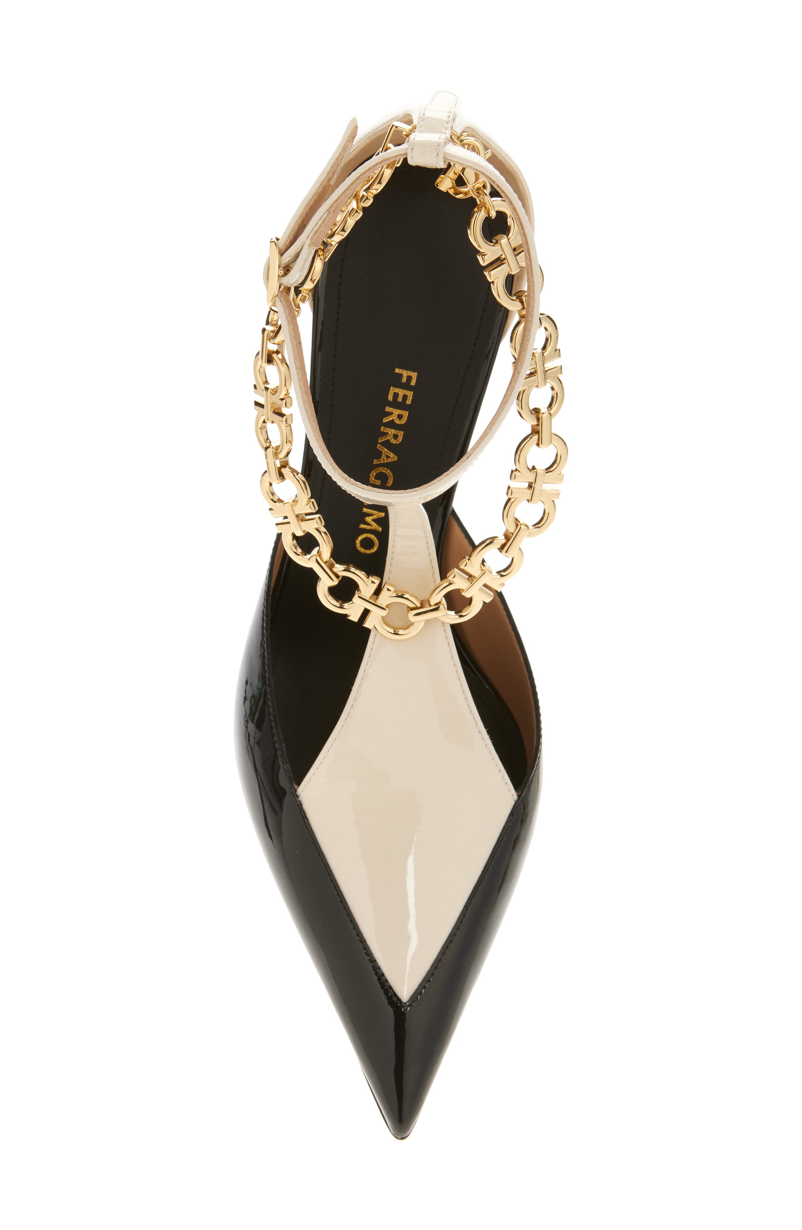 FERRAGAMO Rupy Gancini Chain T-Strap Pump, Alternate, color, Black