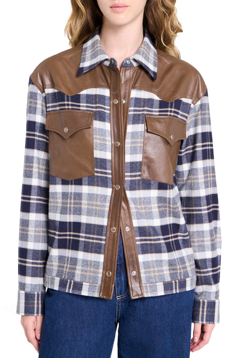 Waylon Leather Trim Plain Flannel Western Shirt, Main, color, MIDNIGHT/ BONE/ TOBACC