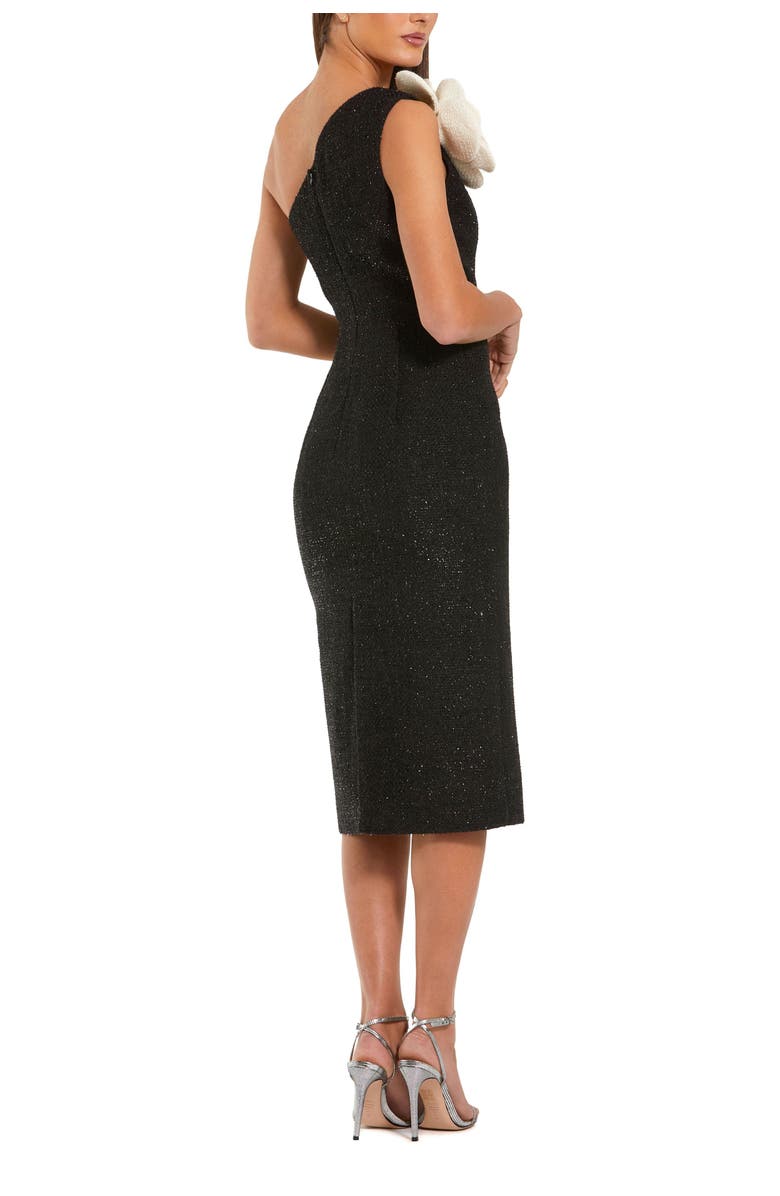 Mac Duggal One Shoulder Boucle Midi Dress With 3D Flower, Alternate, color, Black Ivory