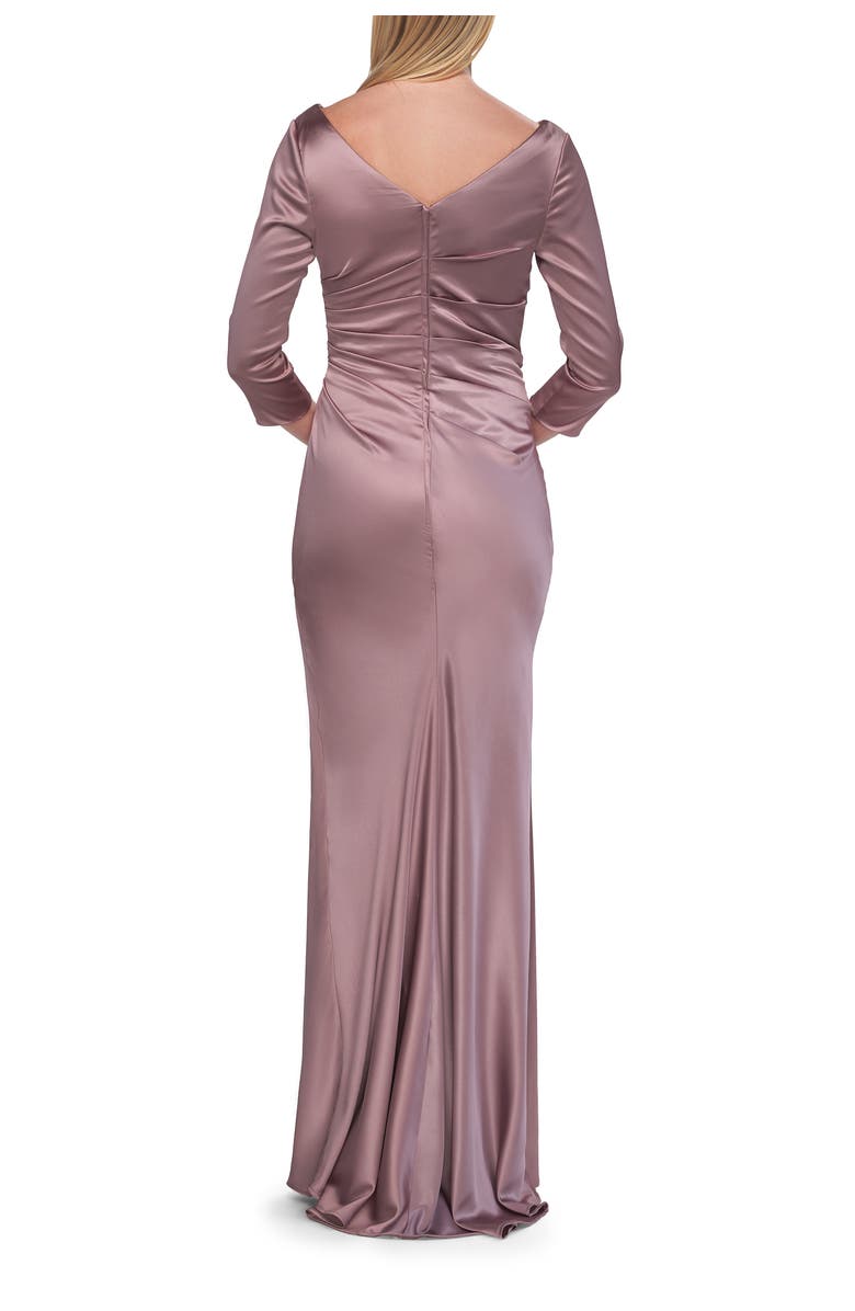 La Femme Satin Three Quarter Sleeve Draped Evening Gown, Alternate, color, Taupe