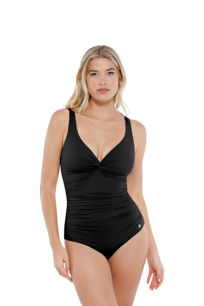 Shapewear Twist-Front Ruched Sultry Vacation & Pool Party One-Piece Swimsuit, Main, color, Classic Black