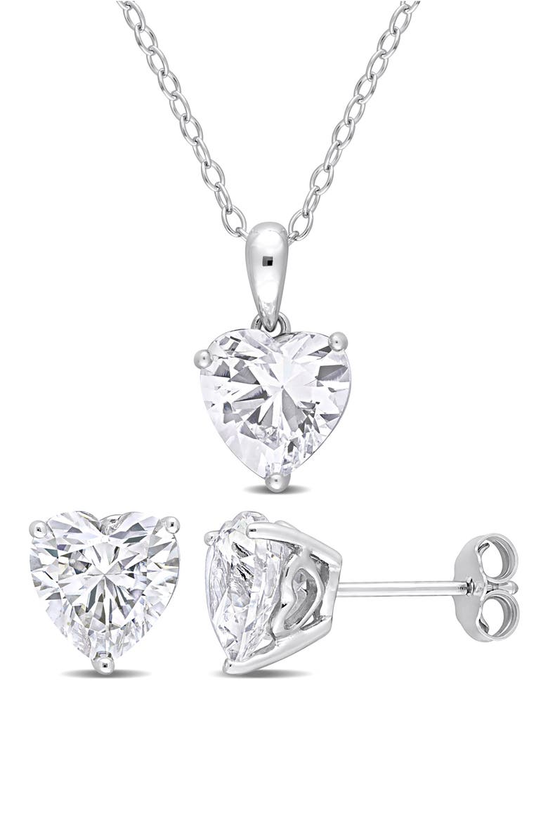Sterling Silver Lab Created White Sapphire Heart Stud Earrings & Necklace Set, Main, color, SILVER
