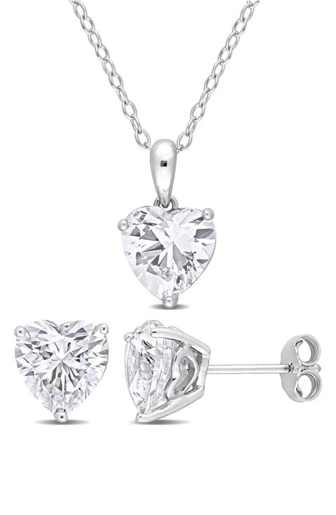 Sterling Silver Lab Created White Sapphire Heart Stud Earrings & Necklace Set