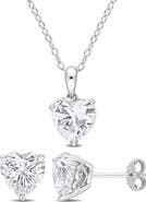 DELMAR Sterling Silver Lab Created White Sapphire Heart Stud Earrings & Necklace Set