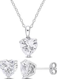 DELMAR Sterling Silver Lab Created White Sapphire Heart Stud Earrings & Necklace Set
