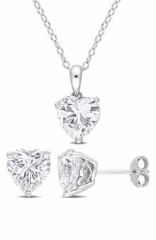 DELMAR Sterling Silver Lab Created White Sapphire Heart Stud Earrings & Necklace Set