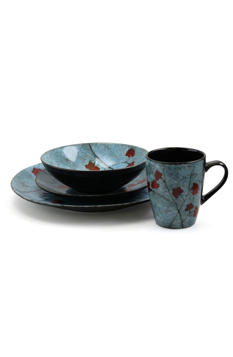 Elama Floral Accents 16 Piece Dinnerware Set, Alternate, color, Blue