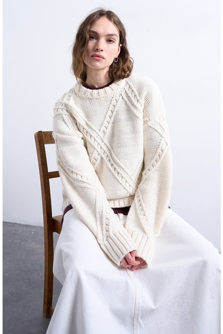 Oversize Argyle Crewneck Sweater, Alternate, color, CREAM