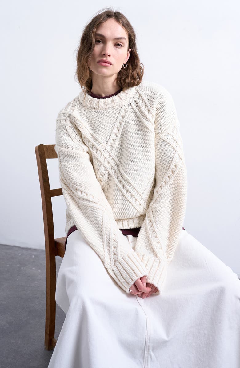 Topshop Oversize Argyle Crewneck Sweater, Alternate, color, Cream