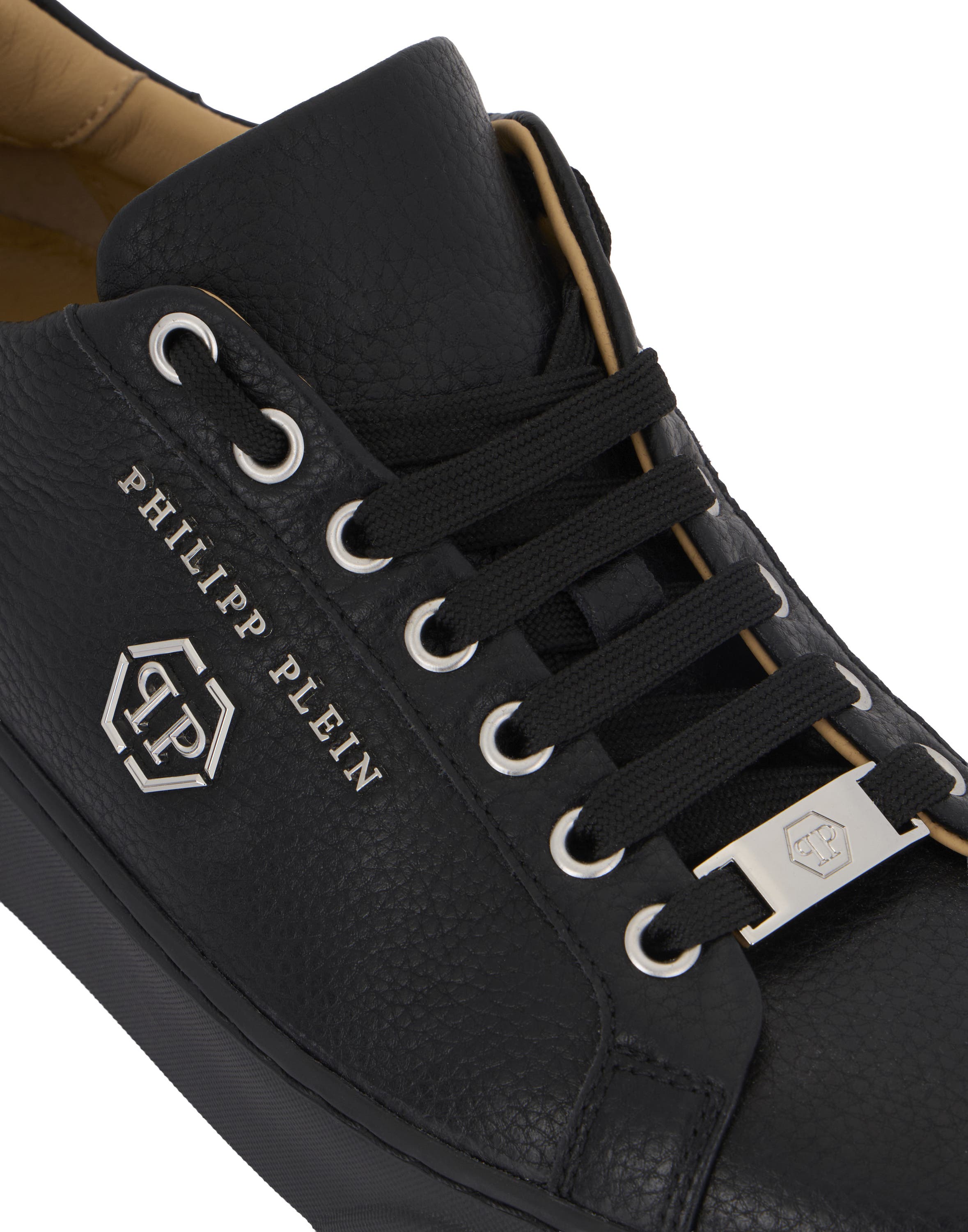 Leather Lo-Top Sneakers Hexagon Logo Unisex, Alternate, color, black/black