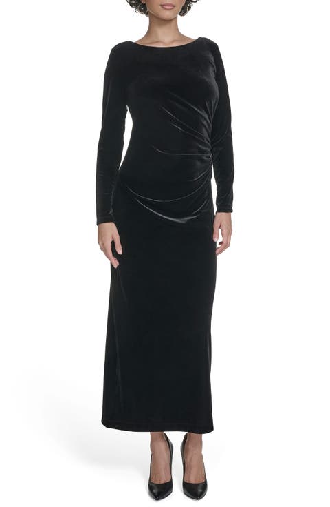 Long Sleeve Ruched Velvet Gown