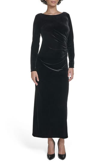 Calvin Klein Long Sleeve Ruched Velvet Gown In Black