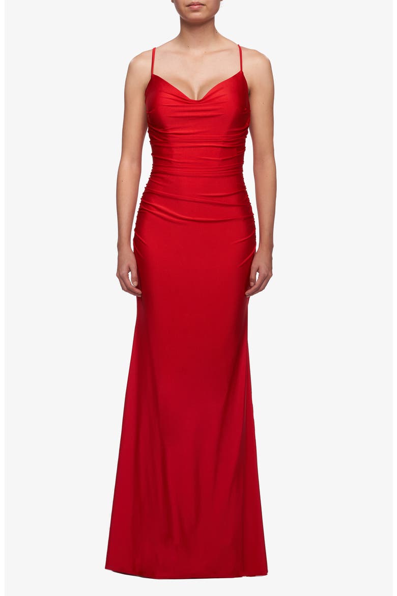 Long Jersey Dress with Draped V-Neckline and Ruching, Main, color, Red