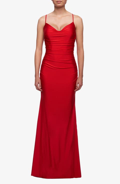 Long Jersey Dress with Draped V-Neckline and Ruching
