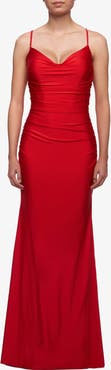 La Femme Long Jersey Dress with Draped V-Neckline and Ruching